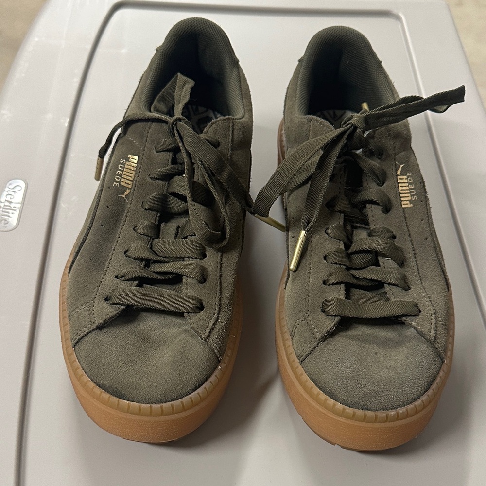 Puma Olive Suede Low-Top Sneakers with Gum Sole